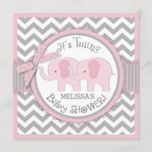 Twin Girls Elephants Chevron Print Baby Shower Invitation