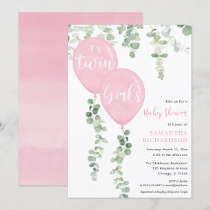 Twin girls eucalyptus pink balloons baby shower invitation