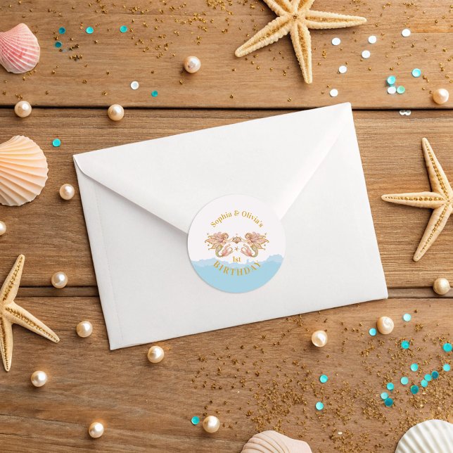 Twin Girls' Fairy Mermaid Birthday Classic Round Sticker (Creator Uploaded)