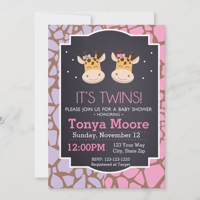 Twin Girls Giraffe Baby Shower Invitation (Front)