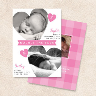 Twin Girls Heart Frames Pink Photo Collage Birth Announcement
