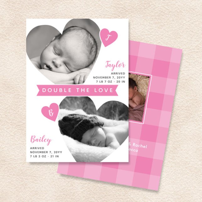 Twin Girls Heart Frames Pink Photo Collage Birth Announcement (Creator Uploaded)