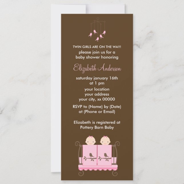 Twin Girls in Pink Crib Baby Shower Invitation (Front)
