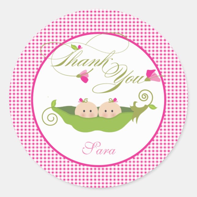Twin Girls Pea in a Pod Baby Shower Favour Sticker (Front)