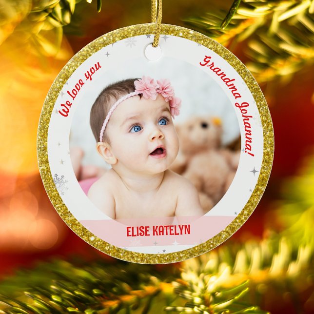 Twin Girls Photo Grandma Cute First Christmas Baby Ceramic Ornament (Modern We love you, Grandma! First Christmas as Grandmother of Twin Baby Girls 2 Photos Faux Glitter)