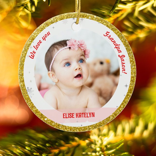 Twin Girls Photo Grandpa Cute First Christmas Baby Ceramic Ornament (Modern We love you, Grandpa! First Christmas as Grandmother of Twin Baby Girls 2 Photos Faux Glitter)