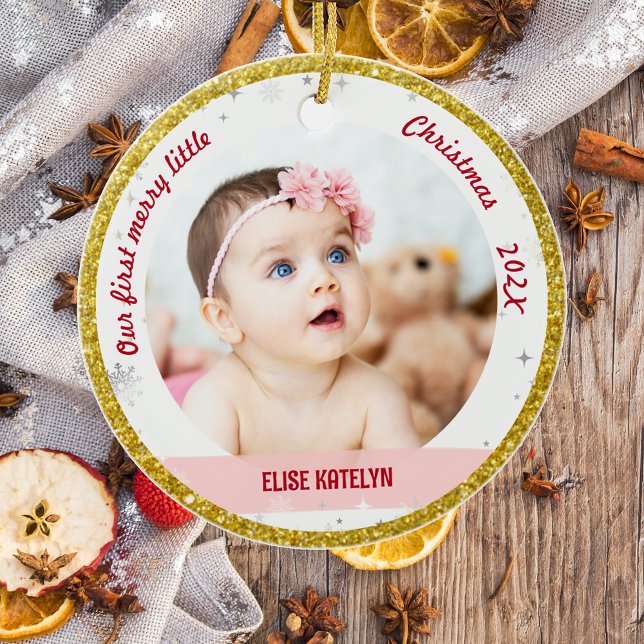 Twin Girls Photos Our First Merry Little Christmas Ceramic Ornament (Modern Elegant Cute Our First Merry Little Christmas Twins Baby Girls 2 Photos Snowflakes Golden)