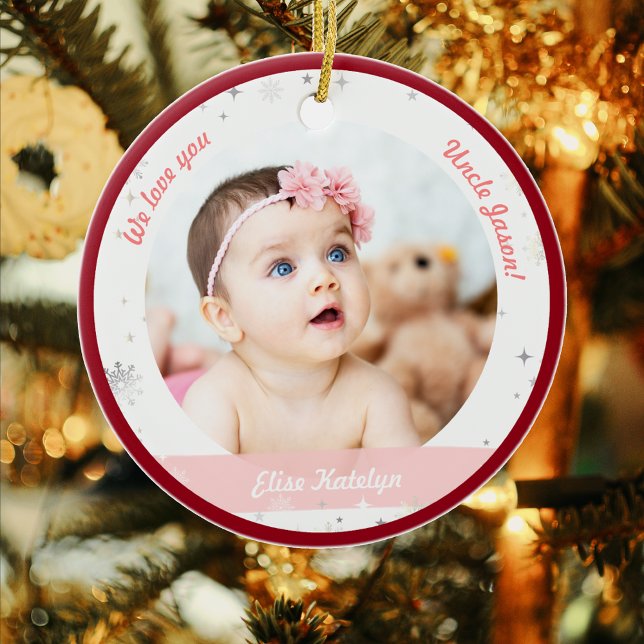Twin Girls Photos Uncle Cute First Christmas Baby Ceramic Ornament (Modern Elegant Cute First Christmas Baby Twins Girls We love you Uncle 2 Photos Snowflakes Red Frame)