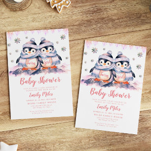 Twin Girls Pink Baby Shower Penguin Invitation