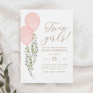 Twin Girls Pink Balloon Eucalyptus Baby Shower Invitation