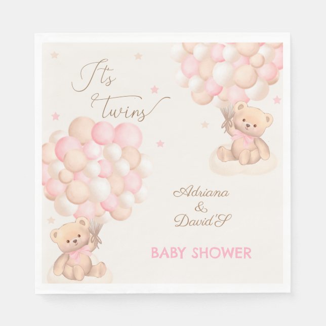 Twin Girls Pink Bear Balloons Baby Shower Napkin (Front)