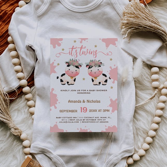 Twin Girls Pink Boho Holy Cow Baby Shower Invitation (Creator Uploaded)