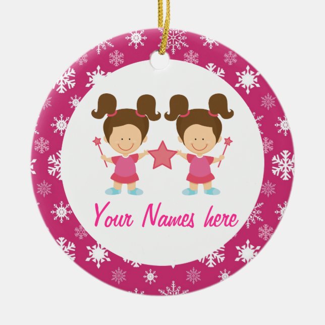 Twin Girls Pink Christmas Keepsake Gift Ceramic Ornament (Front)
