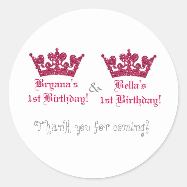 Twin Girls Pink Crown Royal Princess Sticker (Front)
