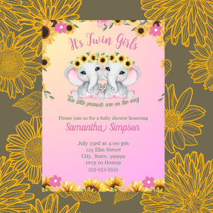 Twin Girls Pink Elephant Sunflower Baby Shower  Invitation
