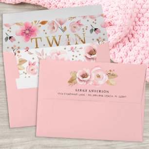 Twin Girls Pink Floral Baby Shower Envelope