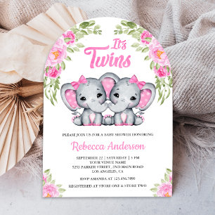 Twin Girls Pink Floral Elephant Arch Baby Shower Invitation