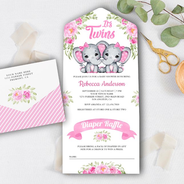 Twin Girls Pink Floral Elephant Baby Shower All In One Invitation (Creator Uploaded)