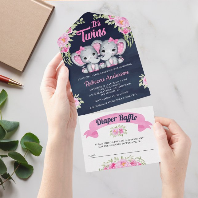 Twin Girls Pink Floral Elephant Navy Baby Shower All In One Invitation (Creator Uploaded)