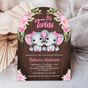 Twin Girls Pink Floral Elephant Wood Baby Shower Invitation