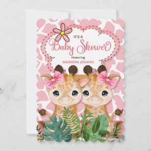 Twin Girls Pink Giraffe Jungle Baby Shower Invitation