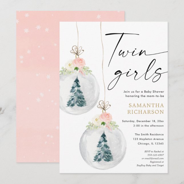 Twin Girls pink gold Winter Christmas baby shower Invitation (Front/Back)