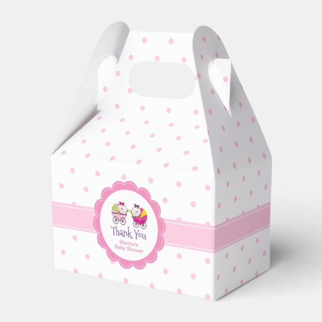 Twin Girls Pink Polka Dots Baby Shower Favour Box (Front Side)