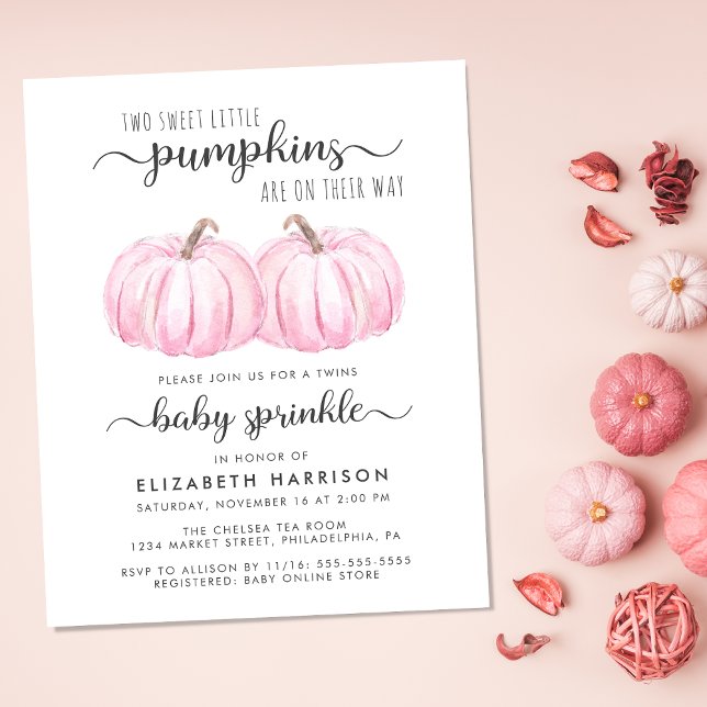 Twin Girls Pink Pumpkin Baby Sprinkle Invitation (Celebrate the upcoming arrival of your autumn twin baby girls with a pumpkin-themed baby sprinkle)