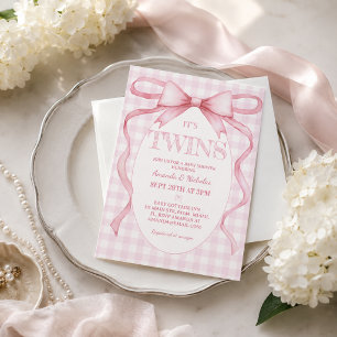 Twin Girls Pink Ribbon Bow Vintage Cute  Invitation