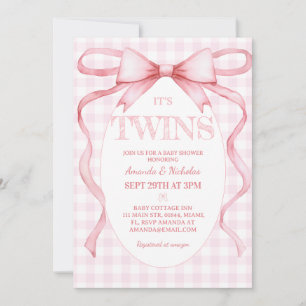 Twin Girls Pink Ribbon Bow Vintage Cute Invitation