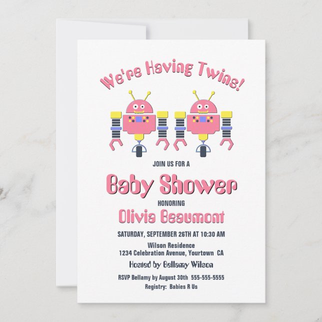 Twin Girls Pink Robot Baby Shower Invitation (Front)