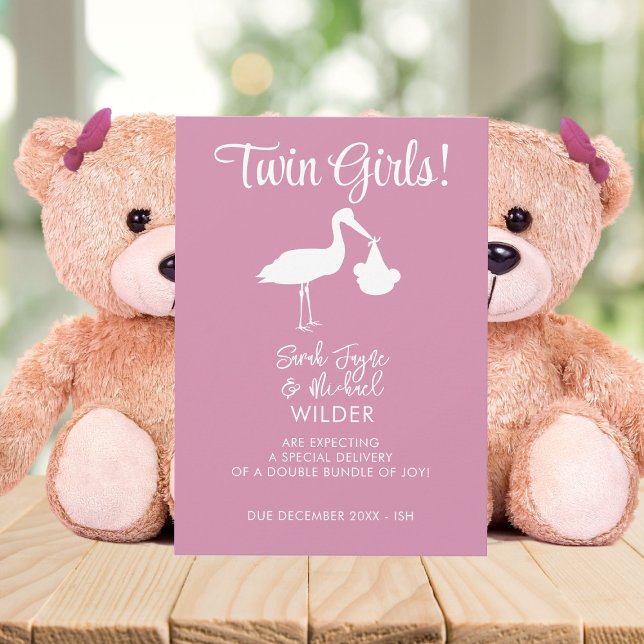 Twin Girls Pink Stork Pregnancy Announcement Card (Twin Girls! Share the wonderful and exciting news with this pink stork pregnancy announcement)
