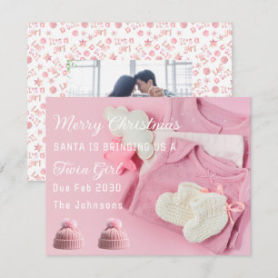 Twin Girls pink White Merry Christmas Holiday Card