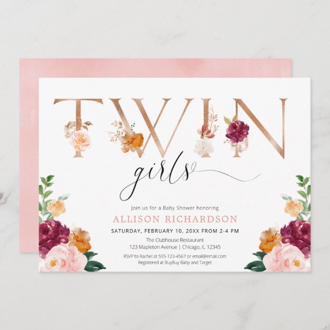 Twin girls rose gold burgundy blush girl shower invitation (Front/Back)