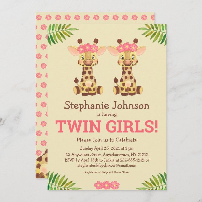 Twin Girls Safari Giraffe Cute Baby Shower Invitation (Front/Back)