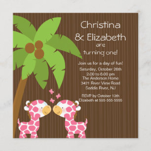 Twin Girls Safari Jungle Giraffe Kid Birthday Invitation