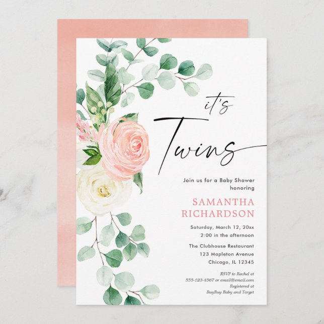 Twin girls spring floral greenery baby shower invitation (Front/Back)