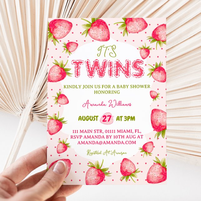 Twin Girls Strawberry Pink Green Cute Baby Shower  Invitation (Creator Uploaded)
