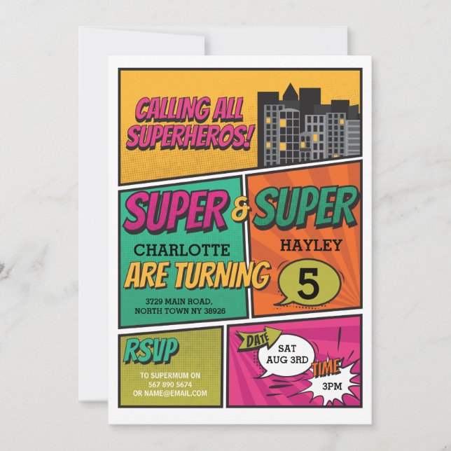Twin Girl's Superhero Invitation Party Invite (Front)