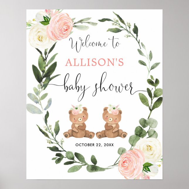 Twin girls teddy bear baby shower welcome sign (Front)