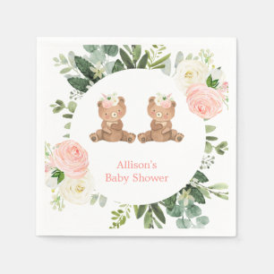 Twin girls teddy bear pink floral baby shower  napkin
