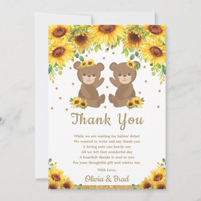 Twin Girls Teddy Bear Sunflower Baby Shower Thank You Card (Front)