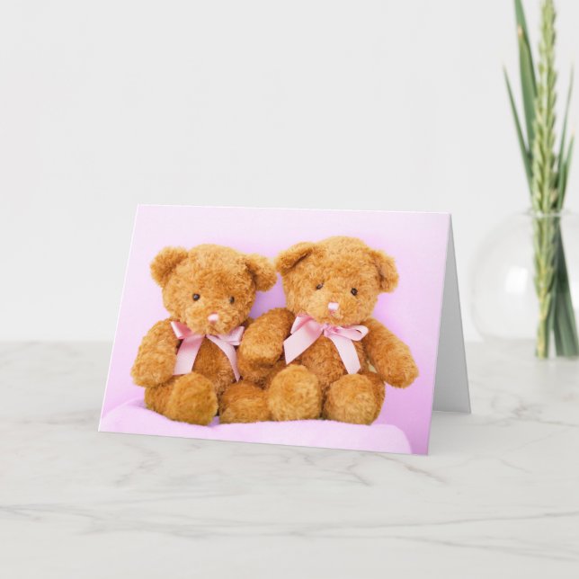 Twin Girls Teddy Bears Baby Shower Greeting Card (Front)