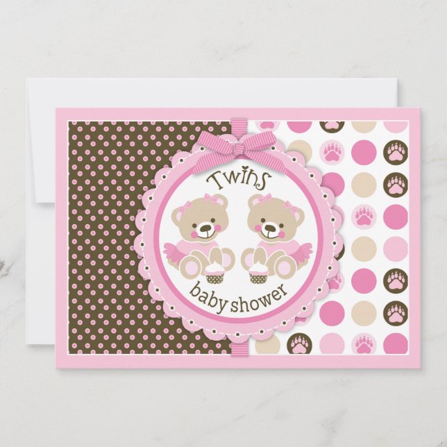 Twin Girls Teddy Bears Tutus Baby Shower Invitation (Front)