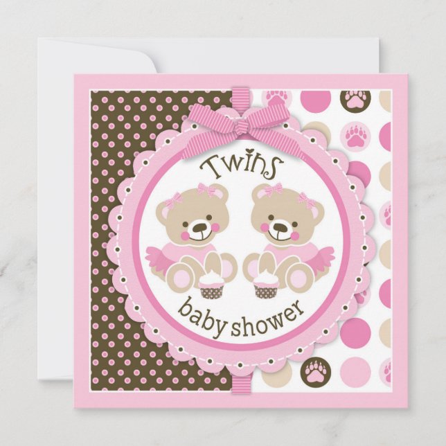 Twin Girls Teddy Bears Tutus Baby Shower Invitation (Front)