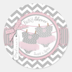 Twin Girls Tutus Chevron Print Baby Shower Classic Round Sticker