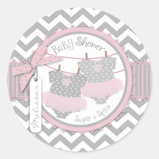 Twin Girls Tutus Chevron Print Baby Shower Classic Round Sticker (Front)