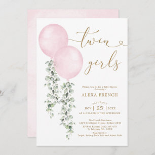 Twin Girls Watercolor Pink Balloons Baby Shower Invitation