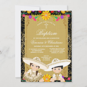 Twin Gold Mexican Baptism Colourful Floral Cross Invitation