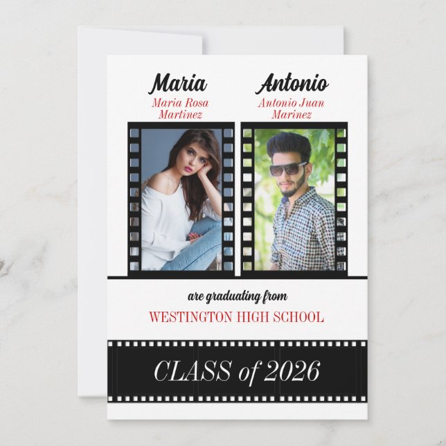 Twin Graduates Graduation Classic Film Red 2026 Invitation (Front)